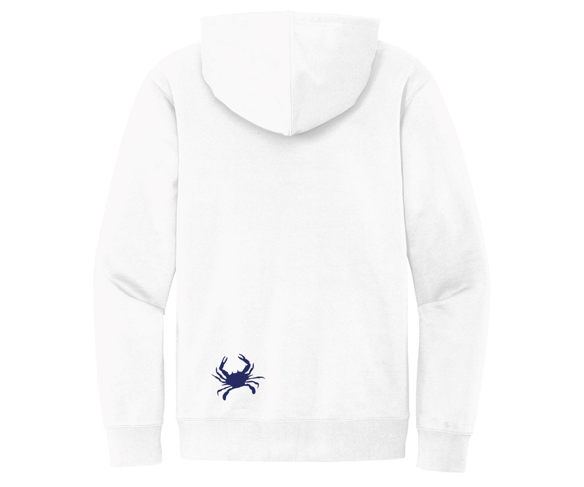 White iLoveCrabs hoodie, back with a small navy crab near the hem