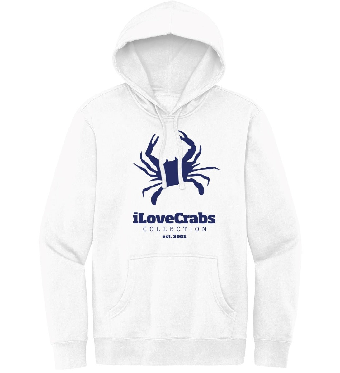 White iLoveCrabs hoodie with a navy crab logo, front