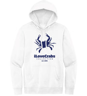 White iLoveCrabs hoodie with a navy crab logo, front