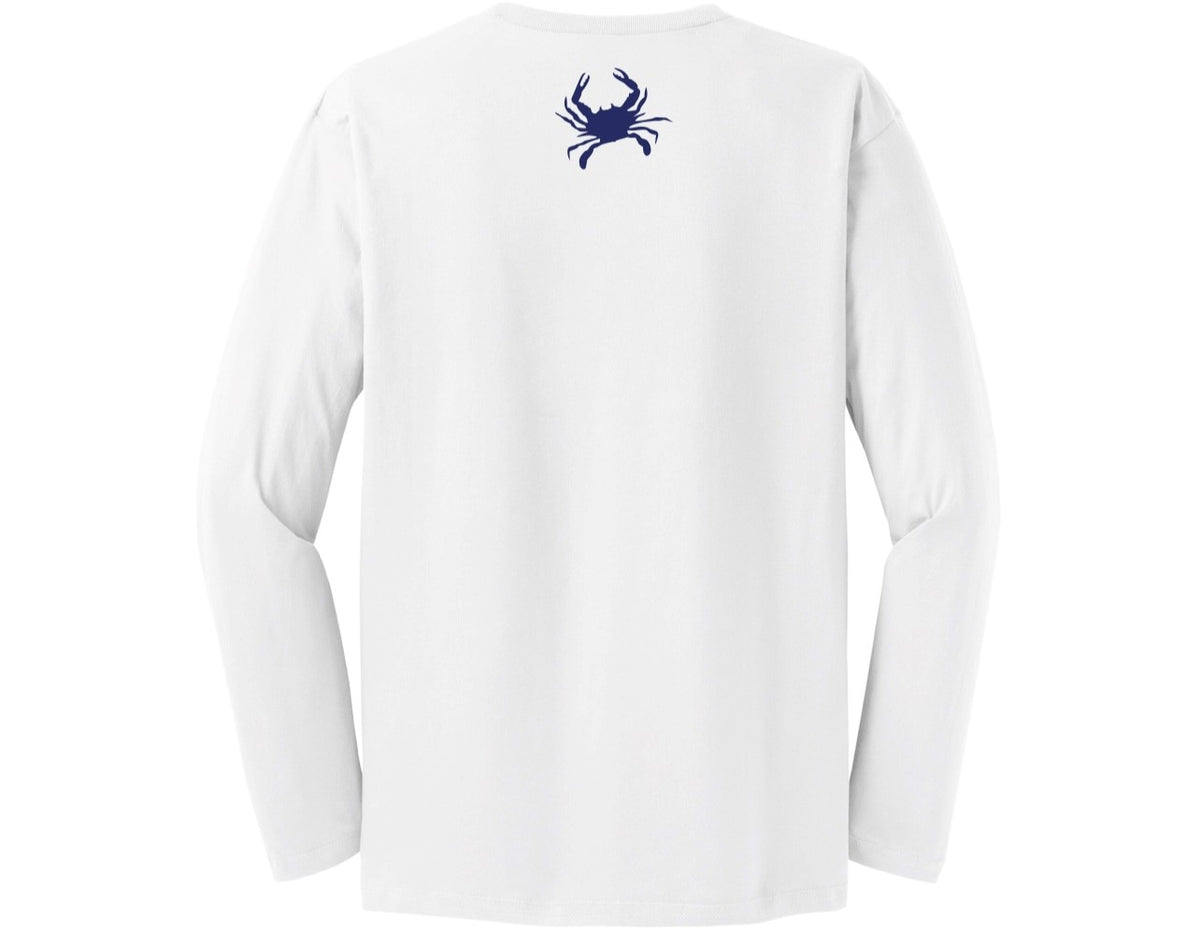 White iLoveCrabs long sleeve tee, back with a small navy crab