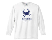 White iLoveCrabs long sleeve tee with a navy crab logo, front