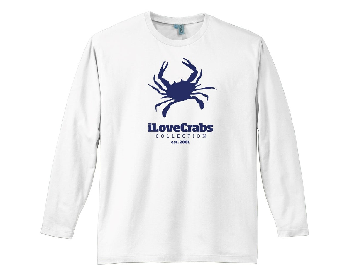 White iLoveCrabs long sleeve tee with a navy crab logo, front