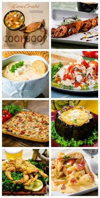 iLoveCrabs Cookbook cover and seven recipe photos in a grid