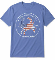 Blue iLoveCrabs T-shirt with a Red White Crab flag crab badge