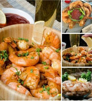 Jumbo Gulf shrimp collage: seasoned bowl, shrimp cocktail, chilled shrimp