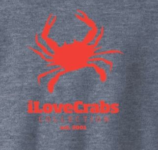 Light gray iLoveCrabs long sleeve tee, close-up of the orange crab print