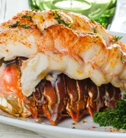 Broiled 5 to 6 oz Maine lobster tail, meat piggybacked on the shell