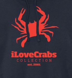 Navy iLoveCrabs hoodie, close-up of the burnt orange crab print