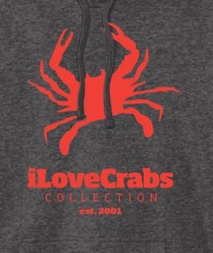 Gray iLoveCrabs hoodie, close-up of the orange crab print