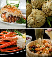 Seafood feast collage: lobster tail, crab cakes, snow crab and shrimp