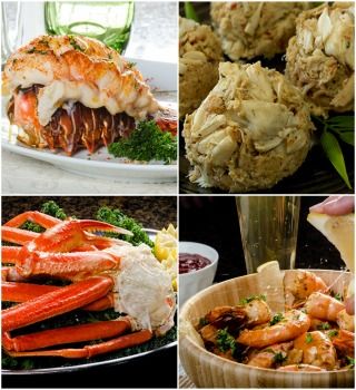 Seafood feast collage: lobster tail, crab cakes, snow crab and shrimp