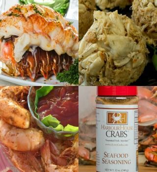 Lobster tail, jumbo lump crab cake, shrimp and seafood seasoning collage