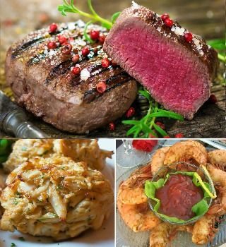 Halved Angus filet, crab cake and seasoned shrimp collage