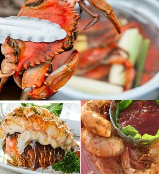 Steamed blue crab in tongs above a lobster tail and shrimp collage