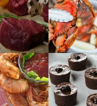 Raw beef filets, steamed blue crab, seasoned shrimp and brownies collage