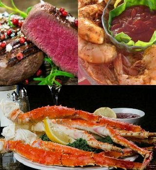 Beef tenderloin, seasoned shrimp and king crab legs collage