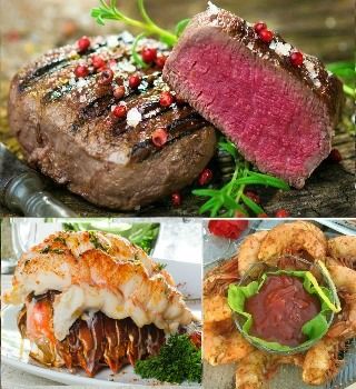 Angus filet cut open above a broiled Maine lobster tail and shrimp