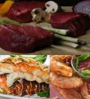 Raw beef tenderloin steaks, broiled lobster tail and shrimp collage
