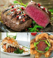 Grilled steak, broiled Maine lobster tail and Gulf shrimp collage