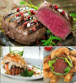 Angus filet, broiled lobster tail and seasoned shrimp collage