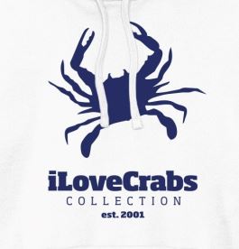 White iLoveCrabs hoodie, close-up of the navy crab print